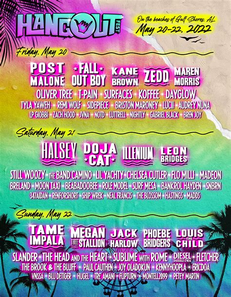 Hangout fest 2023. May 17 - May 19. Check for TICKETS. Hangout Music Fest 2024 > May 17-19 > Get Tickets!*. Gulf Shores, Alabama. The 2024 lineup includes Zach Bryan, Lana Del Rey, Odesza, The Chainsmokers, Cage the Elephant, Dominic Fike, Renee Rap, Jessie Murph, Chappell Roan, Koe Wetzel, Nelly, A Day to Remember, All Time Low, Dylan Gossett, Dom Dollna, Sexyy ... 