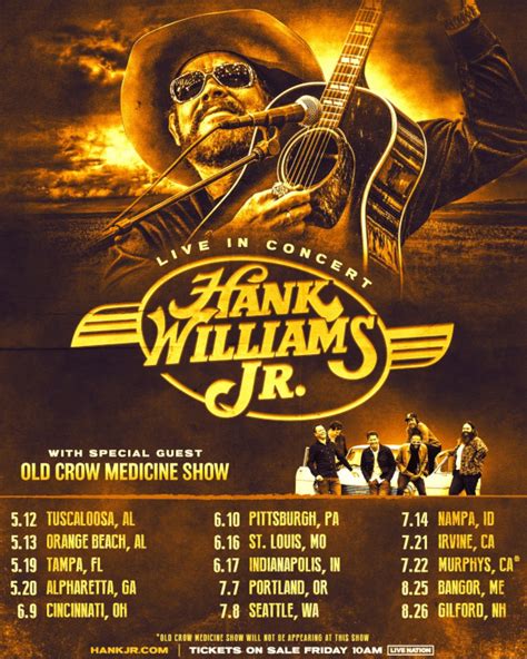 Hank williams jr tour setlist. 1. Your Cheatin' Heart ( Hank Williams With His Drifting Cowboys cover) Play Video stats. 1. View the statistics of songs played live by Hank Williams, Jr.. Have a look which song was played how often in 2022! 