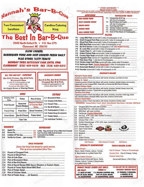 Best Barbeque in Claremont, NC 28610 - Hannah's Bar-B-Q, Little Pigs Barbecue, Sweet 'Taters, Four Peas In A Pod, Granny's Country Kitchen - Claremont, Boxcar Grille, Gold Mine General Store and Grill, Hardee's, B-52’s American Bar & Grill, The Depot Deli . 