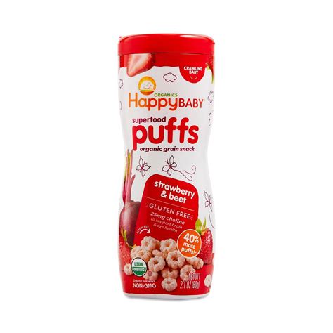 Happy baby puffs. Our yummy snacks will help baby develop the skills they need to learn to self-feed. Self-feeding is a big milestone! Our yummy snacks will help baby develop the skills they need to learn to self-feed. USDA organic, non-GMO. 