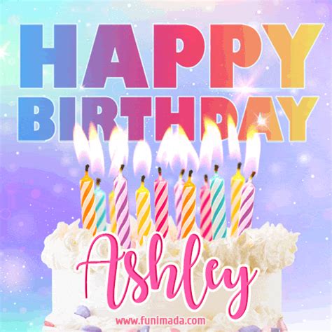 Category: Happy birthday GIFs Tags: GIFs with name, Name: Ashley Language: English. Happy Birthday Card for Ashley - Download GIF and Send for Free. Happy birthday animated image GIF #10 for Ashley (male first name). Beautiful Happy Birthday Ashley gold lettering on golden floating particles effect black background. Frames: 30.. 