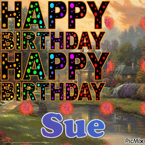Happy birthday sue gif. Explore a collection of vibrant and original Happy Birthday GIFs for Julie (feminine given name), available for free download.Celebrate her special day with lovely and colorful animated images featuring birthday cakes, muffins with lit candles, heartfelt wishes, festive fireworks, bouquets of flowers adorned with glitter effects, amusing characters, and vibrant balloons. 