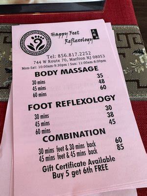 Specialties: FOOT+ BACK=COMBO60MINS FULL 60mins .around 30mins for foot massage reflexology include hot stone on leg and foot and around 30mins for full body Chinese Shiatsu Massage. Deep tissue massage. $60.00. 