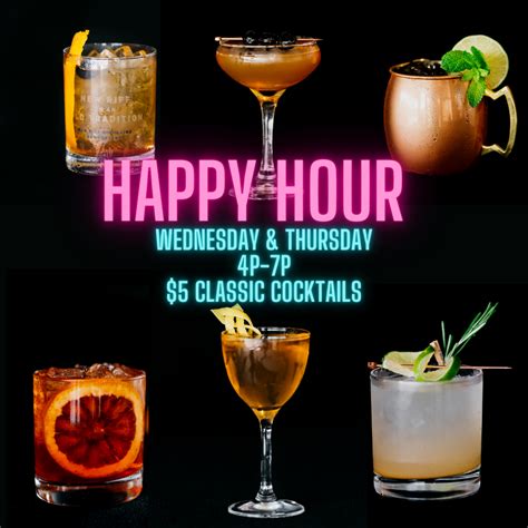Happy hour drinks. Happy Hour takes place Tuesday – Sunday from 4 – 7 p.m. and offers $5 featured wines and well drinks as well as $4 draft beers. If you’re in the mood to munch, you can also get half off on all appetizers. Look out for: Fritto Misto ($6) – Fried calamari, shrimp, broccoli rabe, lemon slices, peppers, calabrian chili aioli. 