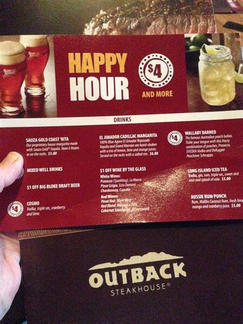 Happy hour outback restaurant. Brea. Closed - Opens at 11:00 AM. 30 Pointe Dr. Brea, CA. Visit your local Outback Steakhouse at 26652 Portola Pkwy. in Foothill Ranch, CA today and enjoy our delicious and bold cuts of juicy steak. Dine-in or Order takeaway now! 