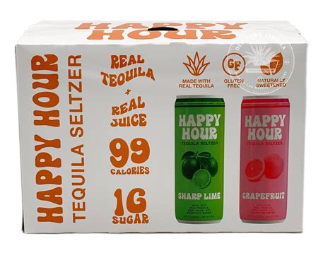 Happy hour seltzer. Happy Hour Tequila Seltzer comes in: Sharp Lime, Grapefruit, Passionfruit and Margarita. Real juice + real tequila, low carbs, all natural sugars, 99 calories, and 5% alc/vol. * … 