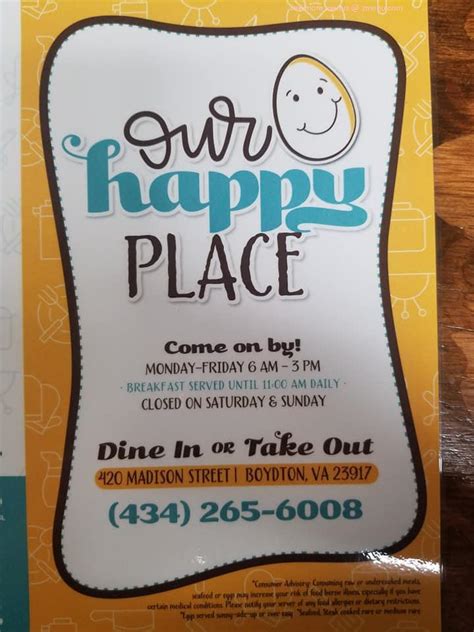 Our Happy Place. Rated 4.5 / 5 from 6 reviews. Madison St Boydton VA 23917. (434) 265-6008. Claim this business. (434) 265-6008. More. Order Online. Directions..