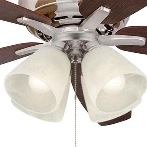 Harbor breeze ceiling fan with 4 lights. Remote control included; adjust the fan speed, dim the light or set a sleep timer. Integrated LED frosted glass light kit offers bright, energy efficient lighting. Brushed nickel finish ceiling fan from the Hydra collection features 8 chocolate maple blades. 70-in fan provides airflow up to 6352 CFM, making it ideal for extra large spaces 