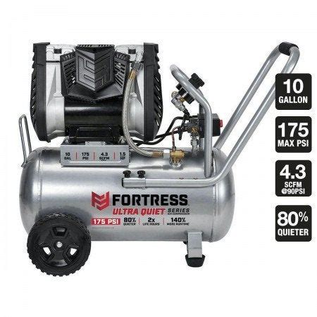 The FORTRESS 10 Gallon 175 PSI Ultra Quiet Horizontal Shop/Auto Air Compressor (Item 57328) has a 4.5-star rating on HarborFreight.com. Save on Harbor Freight's customer favorites with our super coupons. Search our Harbor Freight coupons for deals on Harbor Freight's generators, air compressors, power tools, and more..