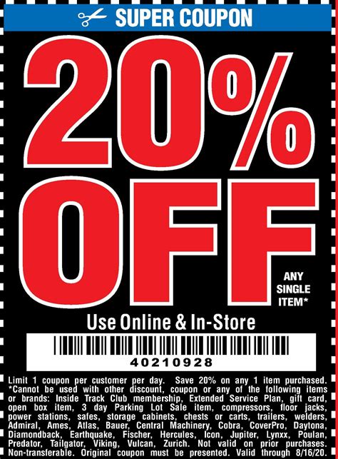 Harbor freight 20 off coupon printable. 25% Off Any Single Item - Limited Time Offer. Check out the steep discounts at harborfreight.com. Experience the lifestyle when you shop with us. 98134767. Show Code. 20%. OFF. 45 People Used. Save 20% on a Single Order. Use harbor freight coupon and save money at harborfreight.com. Expect the unexpected. 