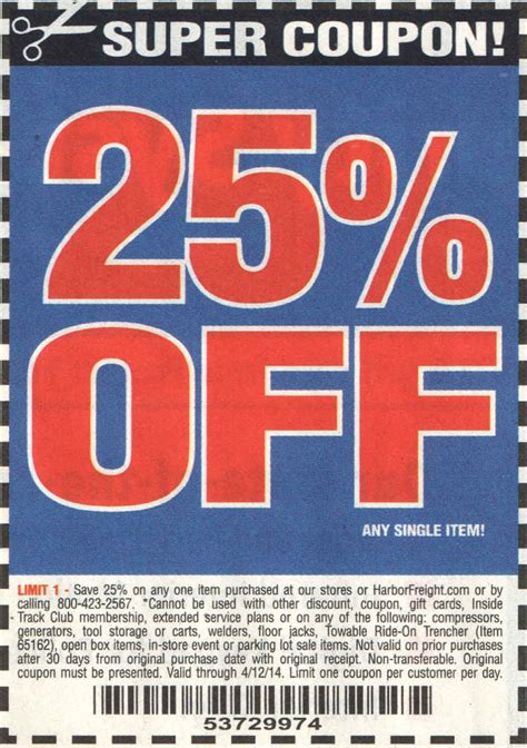 Harbor freight 25 off printable coupon. Harbor Freight · March 1 · ... NO EXCLUSION COUPONS: 30% off items under $20, 15% off items between $20-$50, and 10% off items over $50! Find these coupons in the #HarborFreight mobile app! Valid now through Sunday, 3/3.. Jumbo ·... 