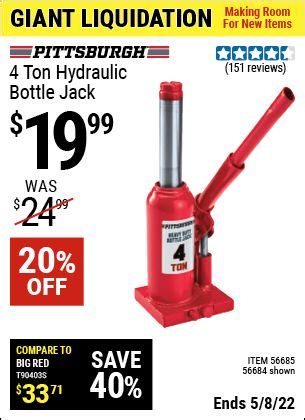 The PITTSBURGH 20 Ton Hydraulic Bottle Jack (Item 56736) has a 4.5-star rating on HarborFreight.com. Save on Harbor Freight’s customer favorites with our super coupons. Search our Harbor Freight coupons for deals on Harbor Freight’s generators, air compressors, power tools, and more.. 