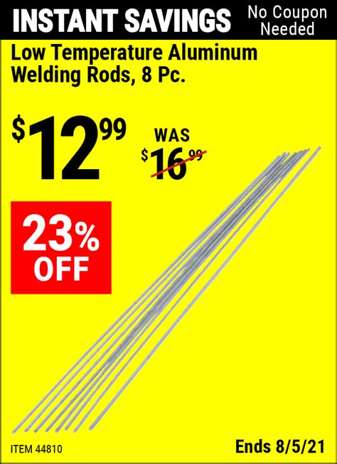 Harbor freight aluminum welding rods. Harbor Freight buys their top quality tools from the same factories that supply our competitors. We cut out the middleman and pass the savings to you! 