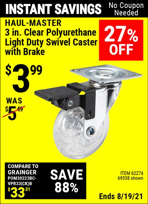 With a longer service life than rubber casters, these polyurethane wheels are ideal for maintaining smooth maneuverability for utility or service carts. These quiet and nonmarring swivel casters also feature a smooth tread, sealed swivel bearing and a cast iron hub for optimal durability. The casters are sold individually and support 176 lb. each.