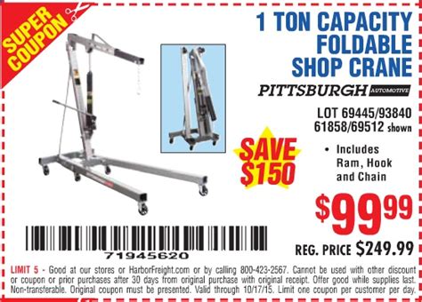 Harbor freight coupon for engine hoist. Use an engine hoist or crane to remove the engine from the vehicle, then mount it to the faceplate on this engine stand. Compare our price of $99.99 to OTC at $682.29 (model number: 1726A). Save $582.30 by shopping at Harbor Freight. 