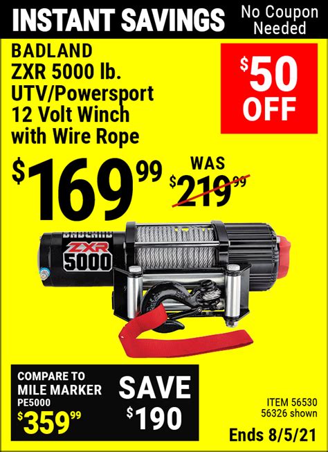 Harbor freight coupons winch. Save $259 by shopping at Harbor Freight. The BADLAND ZXR 9500 lb. Truck/SUV Winch with Wire Rope has a 25.9 ft. per minute line speed for fast recovery. The streamlined control box ensures a good fit on vehicles with tight bumpers. The IP 66 ingress protection rating makes this winch ideal for off-roading, boat trailers, and farm use. 