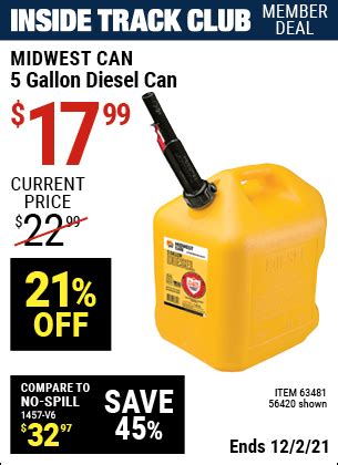 Harbor freight diesel can. The 5 Gallon Diesel Can (Item 63481 / 56420) has a 4.5-star rating on HarborFreight.com. Save on Harbor Freight’s customer favorites with our super coupons. Search our Harbor Freight coupons for deals on Harbor Freight’s generators, air compressors, power tools, and more. 