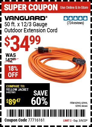 Harbor freight extension. The terrain-resistant jacket and construction makes this triple tap extension cord suitable for indoor and outdoor use. Equipped with a power indicator light to let you know when the power is on. ... Save $45.01 by shopping at Harbor Freight. Shop Now for Item 62908. VANGUARD 100 ft. x 12 Gauge Multi-Outlet Extension Cord with Indicator Light ... 