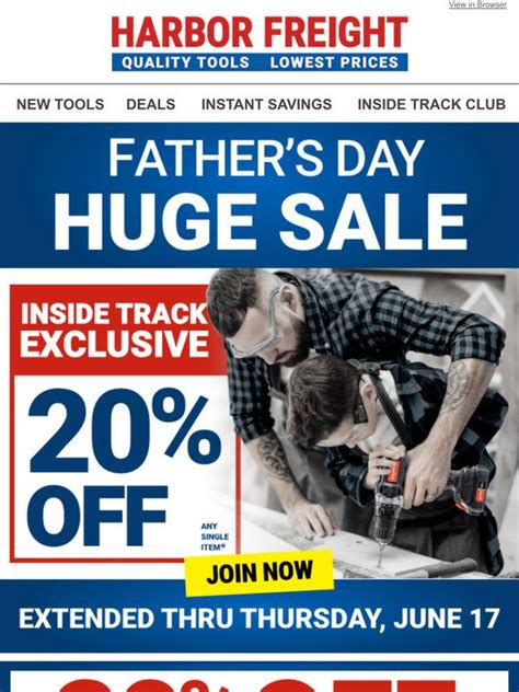 Find the latest Harbor Freight Father's Day Sale, valid from June 16 – June 18, 2023. Harbor Freight has special promotions running all the time and you can find great savings in select departments and throughout the store every other week. Double up with fantastic deals throughout the store, such as 2 .... 