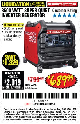 The PREDATOR 6500 Watt Gas Powered Portable Generator with CO SECURE Technology – EPA (Item 59205) has a 4.5-star rating on HarborFreight.com. Save on Harbor Freight’s customer favorites with our super coupons. Search our Harbor Freight coupons for deals on Harbor Freight’s generators, air compressors, power tools, and …. 
