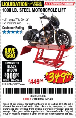 PITTSBURGH AUTOMOTIVE 1500 lb. Capacity ATV / Motorcycle Lift for $189.99 Code 100000000 · Exp. 6/27/2024 · Save DAYTONA 1.5 ton Professional Racing Series Aluminum Floor Jack for $99.99. 