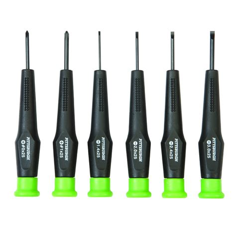 This precision screwdriver set comes with three color-coded driver handles and 12 insert bits to handle the most commonly used fasteners with ease. The set of precision screwdrivers feature anodized aluminum handles for comfortable operation and each bit attaches to the handles magnetically.. 
