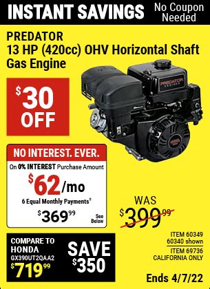 Buy the PREDATOR 4375 Watt Gas Powered Portable Generator with CO SECURE Technology (Item 59207) for $459.99 with coupon code 11044063, valid through March 26, 2023. See the coupon for details.Compare our price of $459.99 to HONDA at $1699.00 (model number: EG4000CLAN). Save $1239 by shopping at Harbor Freight.The …. 