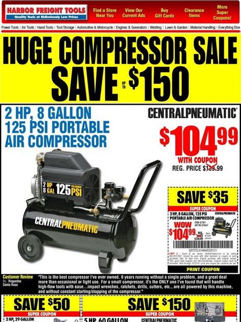 Harbor freight tools air compressor coupon. MCGRAW. 3 Gallon, 1/3 HP, 110 PSI Oil-Free Pancake Air Compressor. Shop All MCGRAW. +2 More. Customer Videos. $5999. Compare to. BRIGGS & STRATTON 110341 at. $ 89.99. 