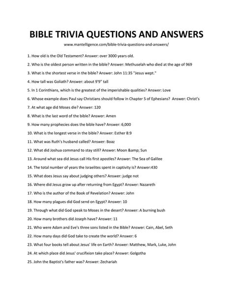 Hard bible questions. Bible Trivia Answers for Adults. Q1: 144,000 ( Revelation 7:4) Q2: The city of Rome (1 Peter 5:13–14) Q3: Purim (Esther 9:20-32) Q4: Love everyone including your enemy (Luke 10:25-37) Q5: Light; sky; earth and plants; heavenly lights; birds and fish; animals and man (Genesis 1) Q6: God's love and compassion for all His people, pagans and ... 