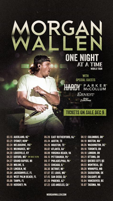 Apr 10, 2023 · Morgan Wallen starts his One Night At A Time Tour at American Family Field with two concert events on Friday, April 14 and Saturday, April 15. ... April 15, 2023. Joining Wallen are special guests ... . 