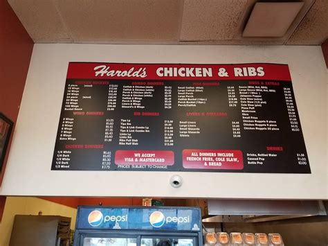 The actual menu of the Harold's Chicken Shack BBQ. Prices and visi
