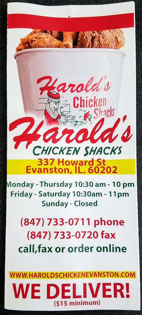  Latest reviews, photos and 👍🏾ratings for Harold's Chicken Shack Evanston at 337 W Howard St in Evanston - view the menu, ⏰hours, ☎️phone number, ☝address and map. 