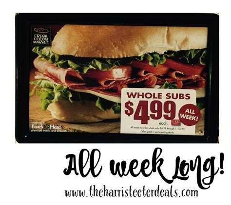 Harris teeter order ahead subs. Find deli harris teeter at a store near you. Order deli harris teeter online for pickup or delivery. Find ingredients, recipes, coupons and more. ... Harris Teeter Fresh Foods Market Whole Regular Sub Sandwich - Cold. 1 ct. Sign In to Add $ 5. 99. SNAP EBT. ... Order Ahead; Our Brands; Departments; New Items; Meet Your Neighbor; HT … 