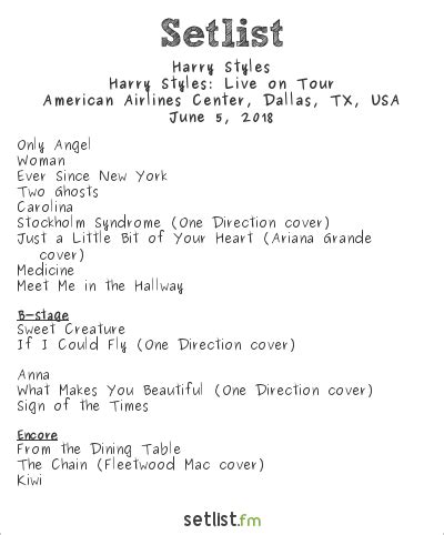Harry styles msg setlist. Courtesy Live Nation. HARRY STYLES LOVE ON TOUR 2022 DATES: Mon Aug 15 –Toronto, ON – Scotiabank Arena is Harry’s House^. Tue Aug 16 – Toronto, ON – Scotiabank Arena is Harry’s House ... 