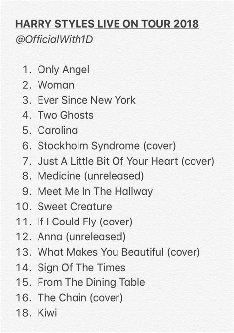 Harry styles setlist. Get the Harry Styles Setlist of the concert at The Pavilion at Toyota Music Factory, Irving, TX, USA on October 10, 2017 from the Harry Styles: Live on Tour and other Harry Styles Setlists for free on setlist.fm! 