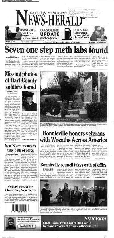Hart county ky newspaper. Published: Sep. 21, 2022 at 7:28 PM PDT. BONNIEVILLE, Ky. (WBKO) - Kentucky State Police are investigating a fatal crash in the Bonnieville community. Around 2 p.m. Sept. 20, KSP responded to the ... 