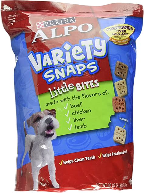 Five (5) 16 oz. Boxes - Purina ALPO Dog Treats, Variety Snaps Little Bites Beef, Chicken, Liver, Lamb ; Made with flavors of beef, chicken, liver and lamb ; Crunchy texture helps reduce plaque and tartar buildup while freshening breath ; Calcium to help support strong teeth and bones. No added artificial flavors or preservatives. 