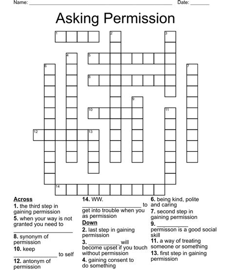 Hath permission crossword. Find the latest crossword clues from New York Times Crosswords, LA Times Crosswords and many more. ... Hath permission 3% 3 HUH: Request for restatement 3% 9 CANITWAIT: Request for patience 3% 3 ASK: Request permission By CrosswordSolver IO. Updated 2023-05 ... 