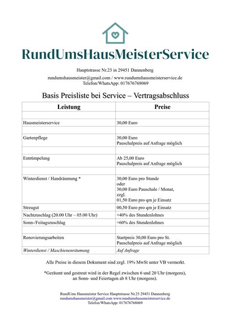 Hausmeisterservice Kosten Preisliste Leistungen