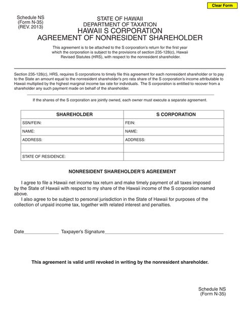 Hawaii Hawaii S Corporation Agreement of Nonresident Shareholder