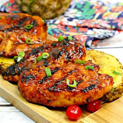 Hawaiian bbq chicken. Remove the chicken from the refrigerator and nestle the chicken into the openings on the sheet pan. Wash hands with soap and water. Bake at 350° for 30-40 minutes, until internal temperature reaches 165 F on food thermometer. (Bake time will depend on the thickness of the chicken breasts.) Serve immediately with extra, fresh BBQ sauce on the side. 