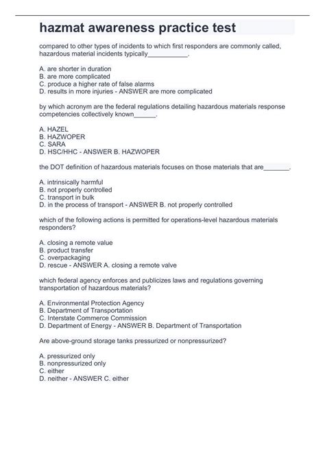Hazardous Materials Awareness Practice Test