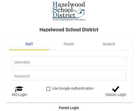 Hazelwood School District . staff. parent. student. Username. Password. 360 Login Use Google Authentication . Classic Login . Parent Login. Select Parent tab, enter username (email address) and password. If you have forgotten your password click on the "Forgot Your Password" link.. 