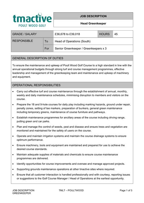 Head Greenkeeper Job Description - Muir of Ord Golf …