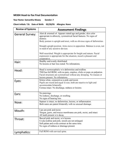 Head To Toe Assessment Example Documentation slideshare