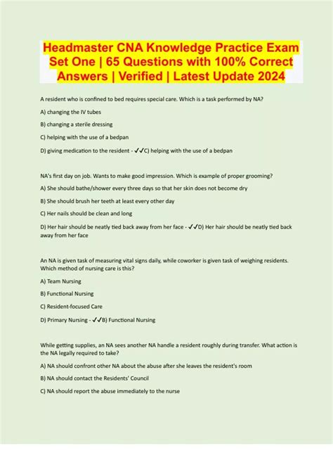 Headmaster CNA Knowledge Practice Exam Set One 65 Questions with 100