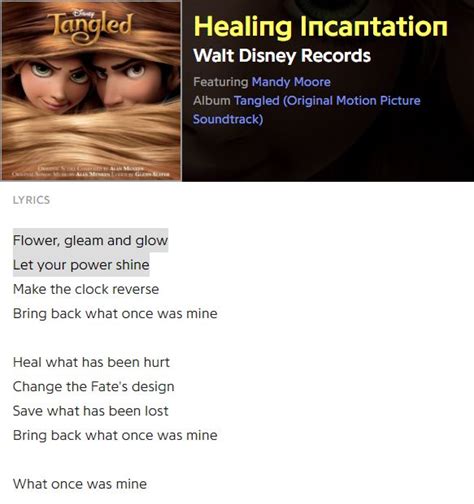 Healing Incantation Lyrics Flower Gleam And Glow Tangled Tangled Songs Lyrics Walt Disney Records
