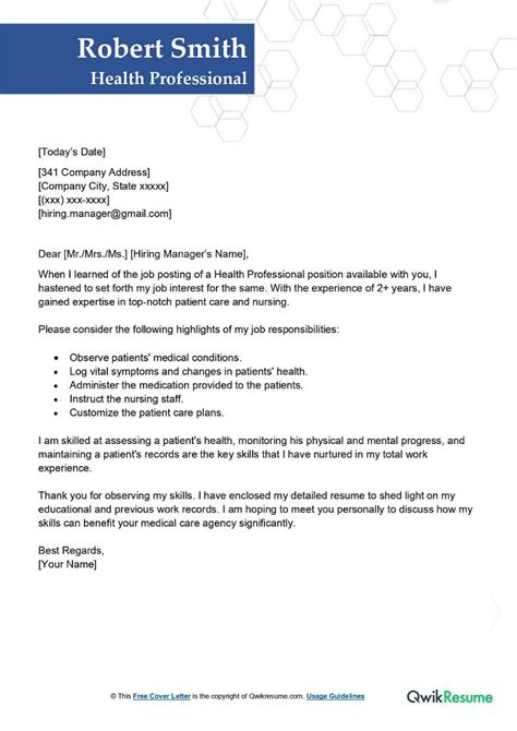 Health Professional Cover Letter Examples - QwikResume