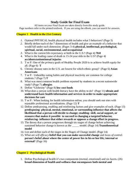 Health Study Final Guide Exam Answers