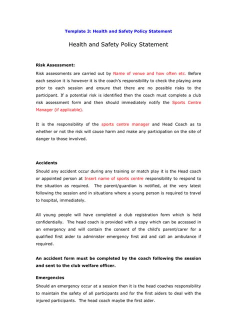 Health and Safety Policy Statement Template in Word and Pdf formats